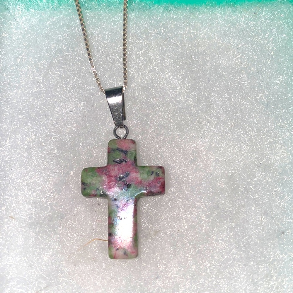 Boho hippie Pink and Green Jasper Cross Sterling Silver 16” Necklace